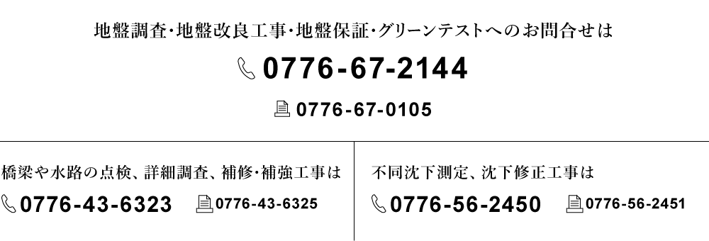 地盤調査・地盤改良工事・地盤保証・グリーンテストへのお問合せは 0776-67-2144