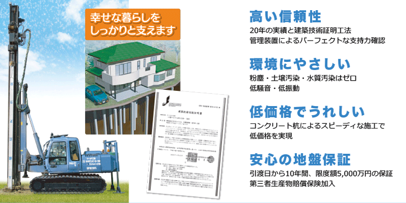 高い信頼性、環境にやさしい、低価格でうれしい、安心の地盤保証